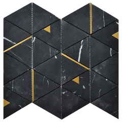 Tenedos HTCRC 12x14 Nero Marquina Triangle Mosaic Tile – Black Marble Look with Gold Metal Inlay, Floor & Wall