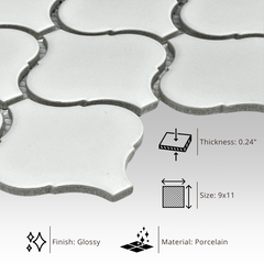 Tenedos Snowy Glossy  Arabesque Porcelain Patterned Look Wall Tile-1 piece