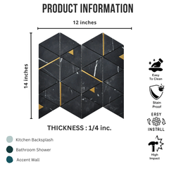 Tenedos HTCRC 12x14 Nero Marquina Triangle Mosaic Tile – Black Marble Look with Gold Metal Inlay, Floor & Wall