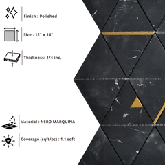 Tenedos HTCRC 12x14 Nero Marquina Triangle Mosaic Tile – Black Marble Look with Gold Metal Inlay, Floor & Wall