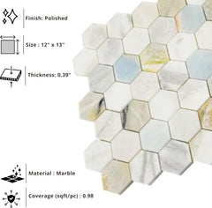 Aurora Mist 2" Hexagon Polished Marble Mosaic Tile – Natural Stone Floor and Wall Tile for Bathroom, Kitchen Backsplash, and Shower Accent