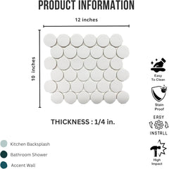 Tenedos HTCRC White 2" Glossy Grande Penny Round Porcelain Mosaic Tile for Bathroom, Shower, Kitchen Backsplash, Wall, Floor, Café, Restaurant, Commercial Space