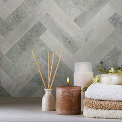 Tenedos Sage Mist Herringbone Marble Mosaic Tile – 12" x 12" Green Natural Stone Sheet for Wall, Backsplash, and Bathroom Accent (5 Sheets)