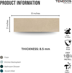 Tenedos Matte Beige Porcelain Subway Tile – 2"x8" Wall and Floor, Backsplash for Kitchen, Bathroom, Shower, Fireplace Accent - Great for Restaurant Hotel Cafe Spa