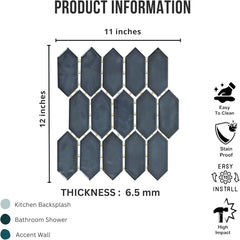 Tenedos HTCFD Blue Elongated Hexagon Glossy Ceramic Mosaic Tile, High-Gloss Pressed Edge Mesh-Mounted Wall Tile for Backsplash, Shower Walls and Fireplace Surrounds