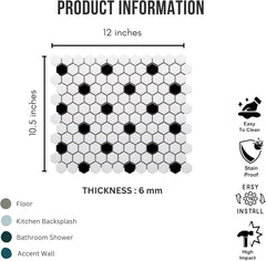 Tenedos White and Black Hexagon Polished Porcelain Mosaic Tile – Classic Glossy Geometric Wall and Floor Tile for Bathroom, Kitchen, and Backsplash (5 Sheets)