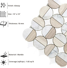 Tenedos Lunar Harmony Circles Marble Mosaic Tile – Polished Multi-Tone Natural Stone Pattern, 13x13 Mesh Sheet for Bathroom Walls, Shower Floors, Kitchen Backsplash (1 Sheet)