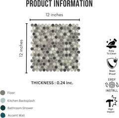 Tenedos Gray Black Mix Penny Round Recycled Glass Mosaic Tile – 12x12 Matte Finish for Wall, Floor, Bathroom, and Kitchen (5 Sheets, 5 Sqft Total Coverage)