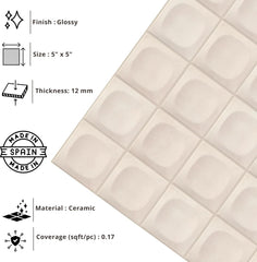 Tenedos HTCFD 5x5 Beige Dimensional Square Ceramic Tile – 10 Piece Set, Textured Sculpted Center Design for Bathroom Walls, Kitchen Backsplash