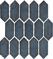 Tenedos HTCFD Blue Elongated Hexagon Glossy Ceramic Mosaic Tile, High-Gloss Pressed Edge Mesh-Mounted Wall Tile for Backsplash, Shower Walls and Fireplace Surrounds