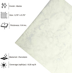 Tenedos HTCPW Soft Marble Look 6"x6" Porcelain Tile – White Gray Matte Stone-Style Wall & Backsplash Tile for Bathroom Kitchen Shower