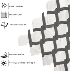Tenedos HTCRC Bianco Carrara Eastern White Marble Black Interlocking Mosaic Tile | 11 x 12 Inch Mesh-Mounted White Marble | Kitchen Backsplash Bathroom Shower Accent Wall