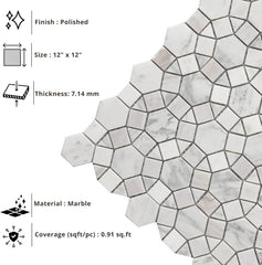 Tenedos HTCRC Carrara Kaleidoscope Marble Mosaic Tile 12x12 – Polished Natural Stone Mesh-Mounted Wall Mosaic
