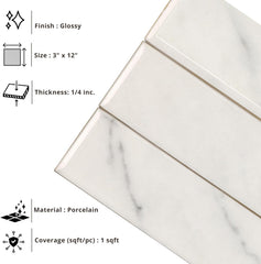 Tenedos HTCRC 3x12 Glossy Porcelain Subway Tile – Stone Look Wall Tile for Kitchen Backsplash, Bathroom & Shower Walls