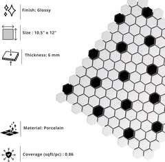 Tenedos White and Black Hexagon Polished Porcelain Mosaic Tile – Classic Glossy Geometric Wall and Floor Tile for Bathroom, Kitchen, and Backsplash (5 Sheets)