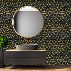 Nero Marquina Metal 12x14 Mosaic Tile – Black Marble Look Triangle Geometric 3D Hexagon Pattern with Gold Inlay for Kitchen Backsplash & Bathroom Wall