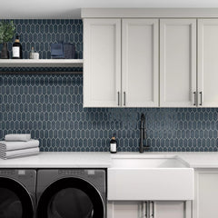 Tenedos HTCFD Blue Elongated Hexagon Glossy Ceramic Mosaic Tile, High-Gloss Pressed Edge Mesh-Mounted Wall Tile for Backsplash, Shower Walls and Fireplace Surrounds