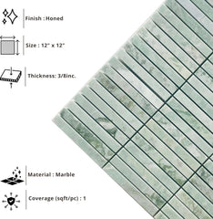 Tenedos Green Mist Honed Marble Tile – 2” x 8” Premium Natural Stone for Bathroom Floor, Shower Walls, Kitchen Backsplash, Fireplace Surround & Indoor Wall/Floor (1 Sheet)