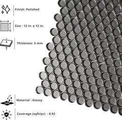 Tenedos HTC333 Shimmer Glossy Penny Round Glass Mosaic Tile 12x12 Sheet for Bathroom Wall, Shower, and Kitchen Backsplash – Sparkling Reflective Finish