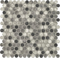 Tenedos Gray Black Mix Penny Round Recycled Glass Mosaic Tile – 12x12 Matte Finish for Wall, Floor, Bathroom, and Kitchen (5 Sheets, 5 Sqft Total Coverage)