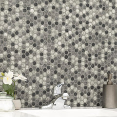 Tenedos Gray Black Mix Penny Round Recycled Glass Mosaic Tile – 12x12 Matte Finish for Wall, Floor, Bathroom, and Kitchen (5 Sheets, 5 Sqft Total Coverage)