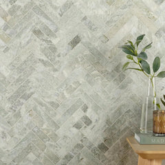 Tenedos Sage Mist Herringbone Marble Mosaic Tile – 12" x 12" Green Natural Stone Sheet for Wall, Backsplash, and Bathroom Accent (5 Sheets)