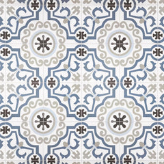 Tenedos Azure Crest 8" x 8" Matte Porcelain Tile for Floor and Wall, Blue Gray Mediterranean Pattern, Spanish Encaustic Look, Indoor Outdoor Use