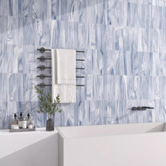 Tenedos HTCFD 2x12 Polished Blue Swirl Glass Wall Tile, Marble-Effect Linear Design, Straight Edge Decorative Tile for Backsplash and Shower Walls