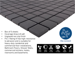 TDPW-UGB1X1-403 Black Porcelain 7/8 Inch Square Unglazed Finish Mosaic Floor Wall Tile for Bathroom Shower, Kitchen Backsplash and Pool
