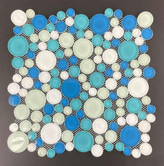 Tenedos Baru Blue and White Bubble Random Round Glass Mosaic Wall Tile for Kitchen Backsplash, Bathroom Shower, Accent Wall