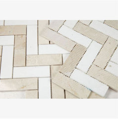 Crema Marfil & Thassos White Marble Herringbone 1X3 Mosaic Polished/Honed 1 piece