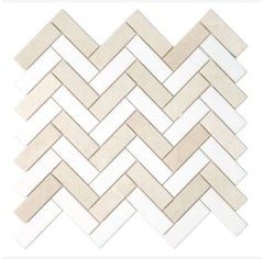 Crema Marfil & Thassos White Marble Herringbone 1X3 Mosaic Polished/Honed 1 piece