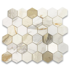Calacatta Gold Italian Marble 2 in. Hexagon Mosaic Wall Floor Tile for Bathroom and Kitchen Walls Kitchen Backsplashes (Tenedos)