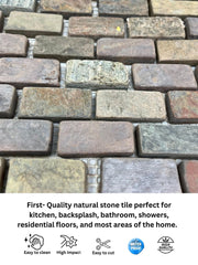 Peacock Slate Multi Classic Rust Brick 1x2 Gauged Tumbled Floor Wall Tile for Kitchen Backsplash, Bathroom Shower, Pool Tile, Fireplace Surround, Exterior Outdoor