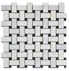 Calacatta Cressa (Asian Statuary) Basketweave with Black Marble Polished HTC-1 sqft