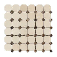 Crema Marfil Octagon w/ Emperador Dark Dots Polished Mosaic Tile- 1 piece