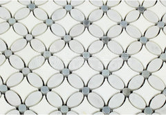Carrara White Italian (Bianco Carrara) Marble Florida Flower Mosaic Tile with Blue & Gray Marble Dots, Polished