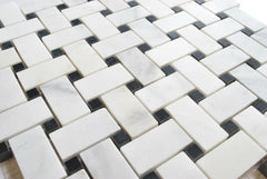 Carrara Basketweave Mosaic with Black Marble Dots Honed