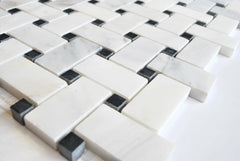 Carrara Basketweave Mosaic with Black Marble Dots Honed