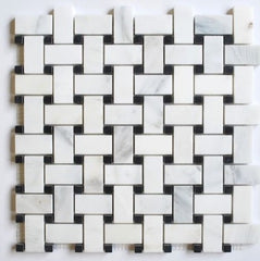 Carrara Basketweave Mosaic with Black Marble Dots Honed