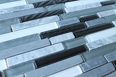 10 Sq Ft - Bliss Midnight Stone and Glass Linear Mosaic Tiles - Kitchen Backsplash/Tub Surround