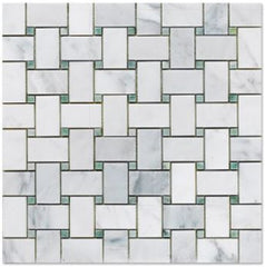 Statuary Calacatta Basketweave with Ming Green Dots Polished Marble Mosaic Floor and Wall Tile