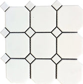 Vogue 4" Octagon Tile Matte White Mosaic with Matte White Dots Porcelain for Bathroom Floors and Walls, Kitchen Backsplashes, Pool Tile