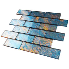 2x4 Glossy Glitter Blue Sky with Redish and Orange Brick Glass Wall Tiles for Bathroom and Kitchen Walls Kitchen Backsplashes