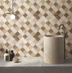 Tenedos Mix Light and Dark Emperador and Crema Marfil 3 in. Arabesque Lantern Polished Marble Mosaic Floor and Wall Tile