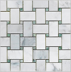 Statuary Calacatta Basketweave with Ming Green Dots Polished Marble Mosaic Floor and Wall Tile