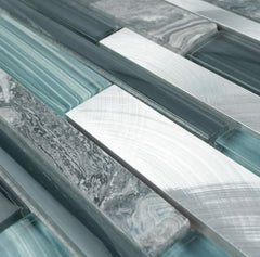 Glossy Blue Glass and Blue Stone Random Brick Straight Pattern Glass Mosaic Tiles