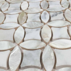White Carrara with Mother of Pearl Flower Wall Floor Tile On Mosaic Sheet for Kitchen Backsplashes, Bathroom Shower, Spas, Pools