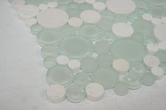 Mint Green and Snow Dove Bubbles Mosaic Frosted Polished Glass Wall Tile with White Marble 10.5" X10.5" for Bathroom Shower, Kitchen Backsplash, Accent Decor