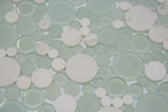 Mint Green and Snow Dove Bubbles Mosaic Frosted Polished Glass Wall Tile with White Marble 10.5" X10.5" for Bathroom Shower, Kitchen Backsplash, Accent Decor
